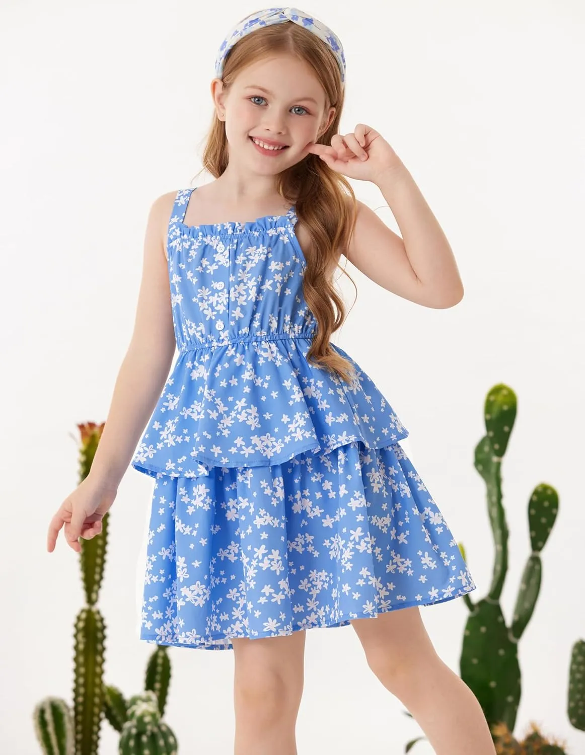 GRACE KARIN Girls Summer Floral Dress Sleeveless Double Layer Hem Sundress Holiday Casual Dress 6-12Y