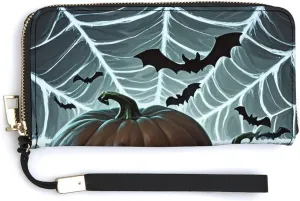 Green Pumpkin Wallet Leather Zipper Around Clutch Wallet Large Capacity Purse with Wristlet Strap