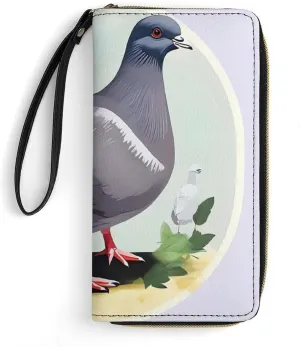 Grey Pigeon Print Wallet Leather Zipper Around Clutch Wallet Large Capacity Purse with Wristlet Strap