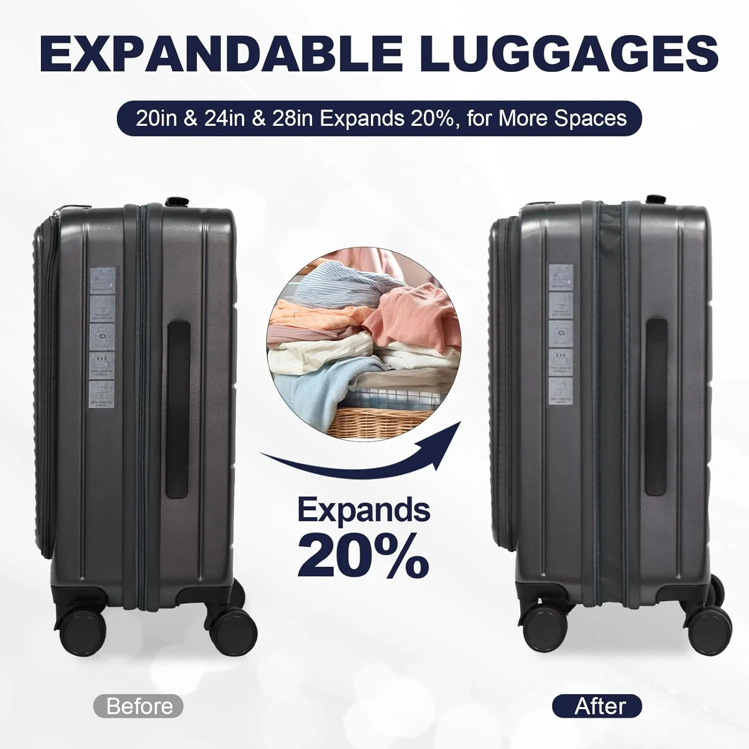Hardshell Luggage Sets 3 Piece With Dual Spinner Wheel,Travel Carry-on Luggage with Laptop Compartment,20/24/28-inch Suitcases,TSA Approved Expandable Lightweight Suitcases Sets, Black