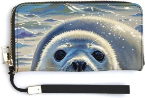 Harp Seal Painting Wallet Leather Zipper Around Clutch Wallet Large Capacity Purse with Wristlet Strap
