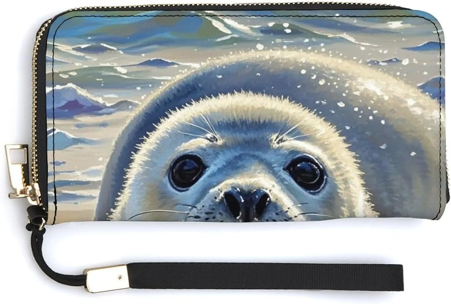 Harp Seal Painting Wallet Leather Zipper Around Clutch Wallet Large Capacity Purse with Wristlet Strap
