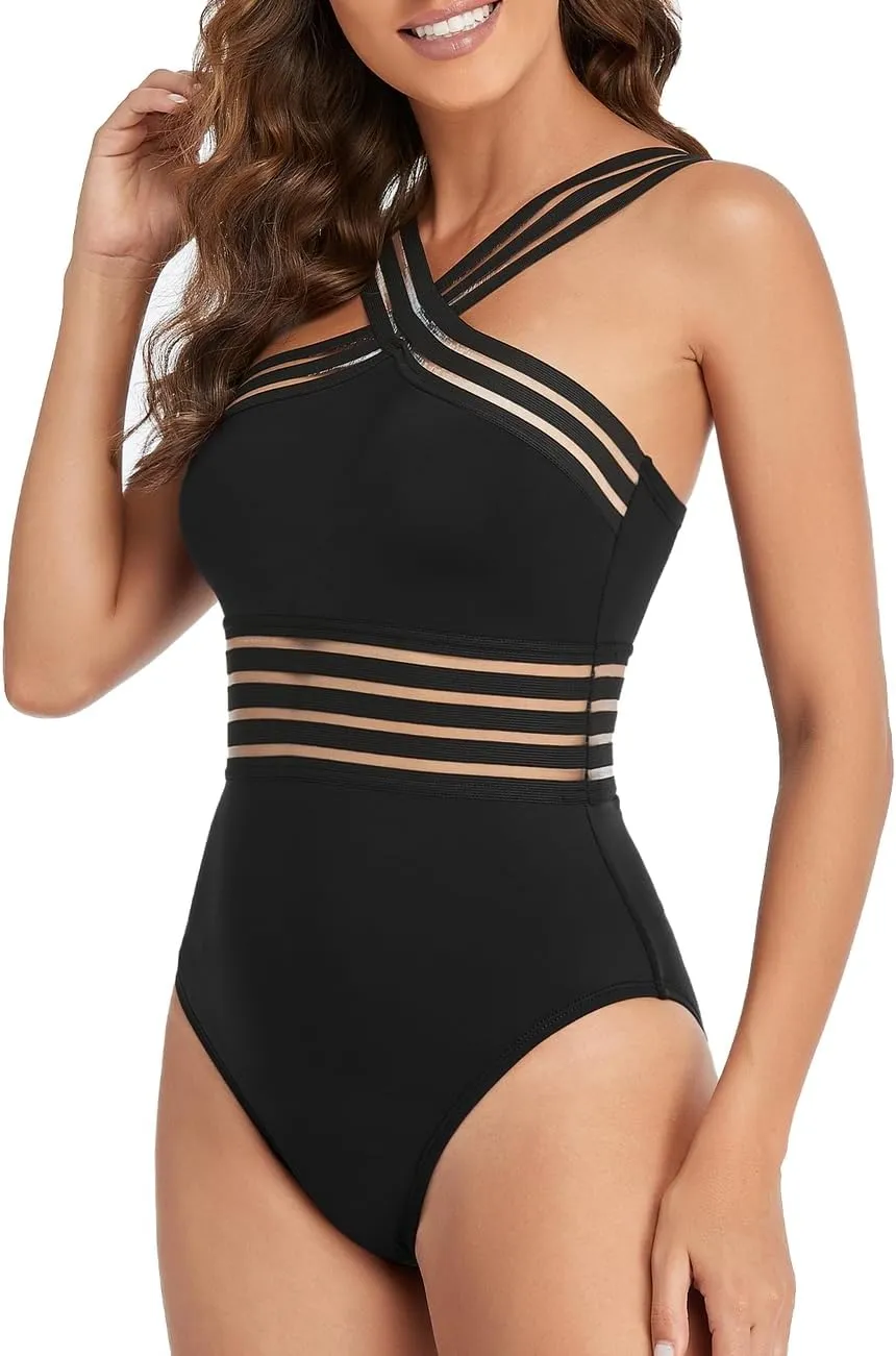 Hilor Women's One Piece Swimsuits Slimming High Waisted Bathing Suits Front Crossover Swimwear Monokinis