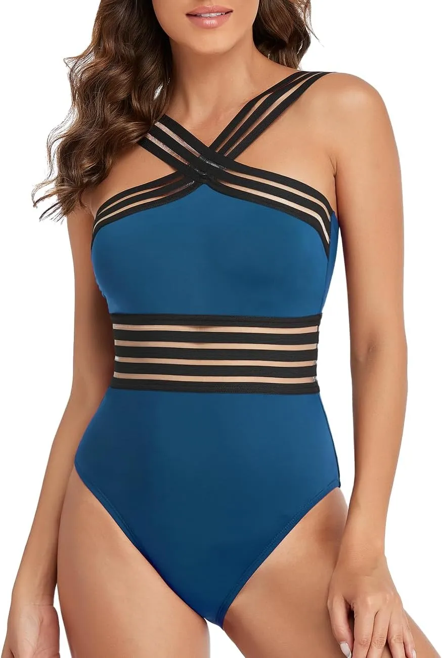 Hilor Women's One Piece Swimsuits Slimming High Waisted Bathing Suits Front Crossover Swimwear Monokinis