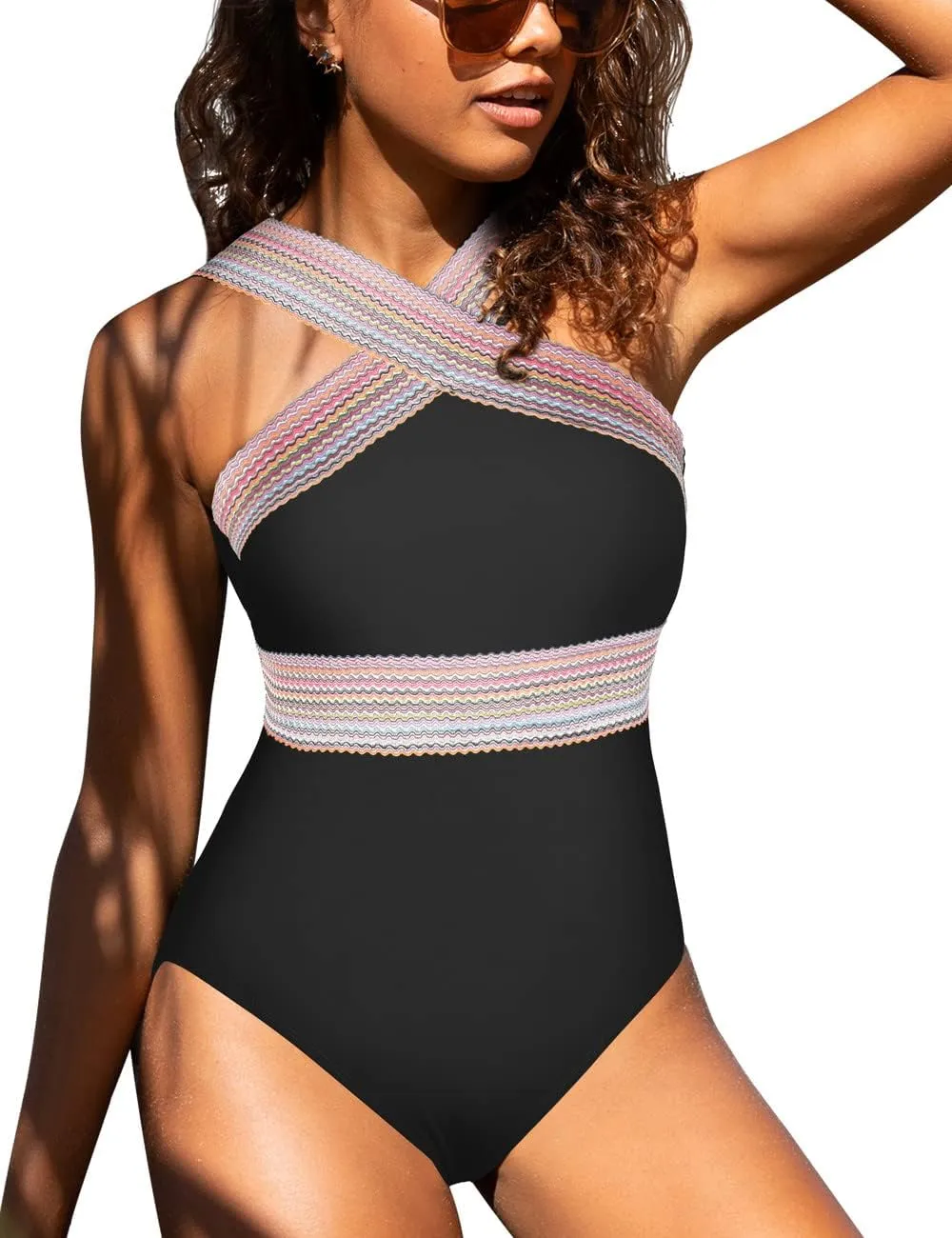 Hilor Women's One Piece Swimsuits Slimming High Waisted Bathing Suits Front Crossover Swimwear Monokinis
