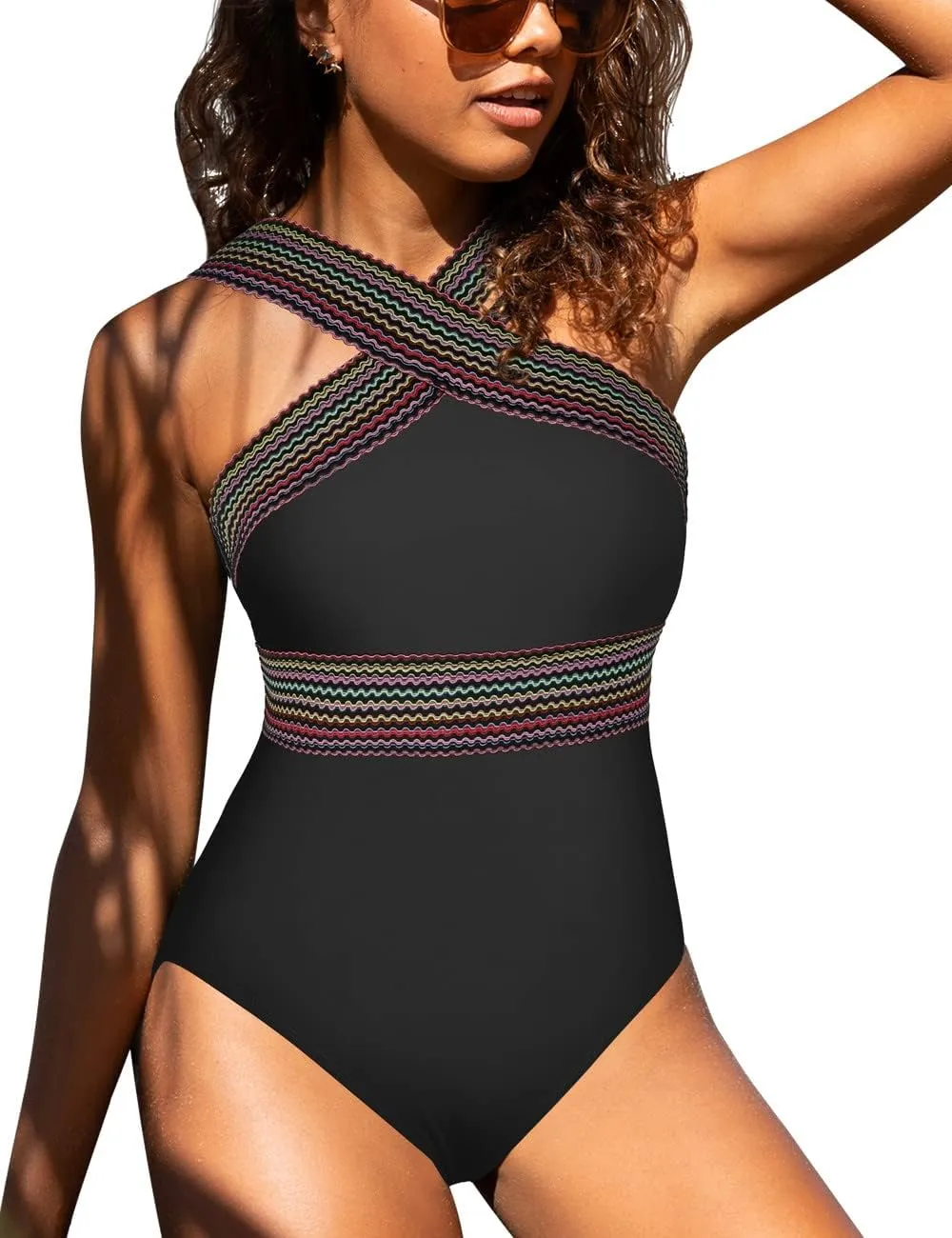 Hilor Women's One Piece Swimsuits Slimming High Waisted Bathing Suits Front Crossover Swimwear Monokinis