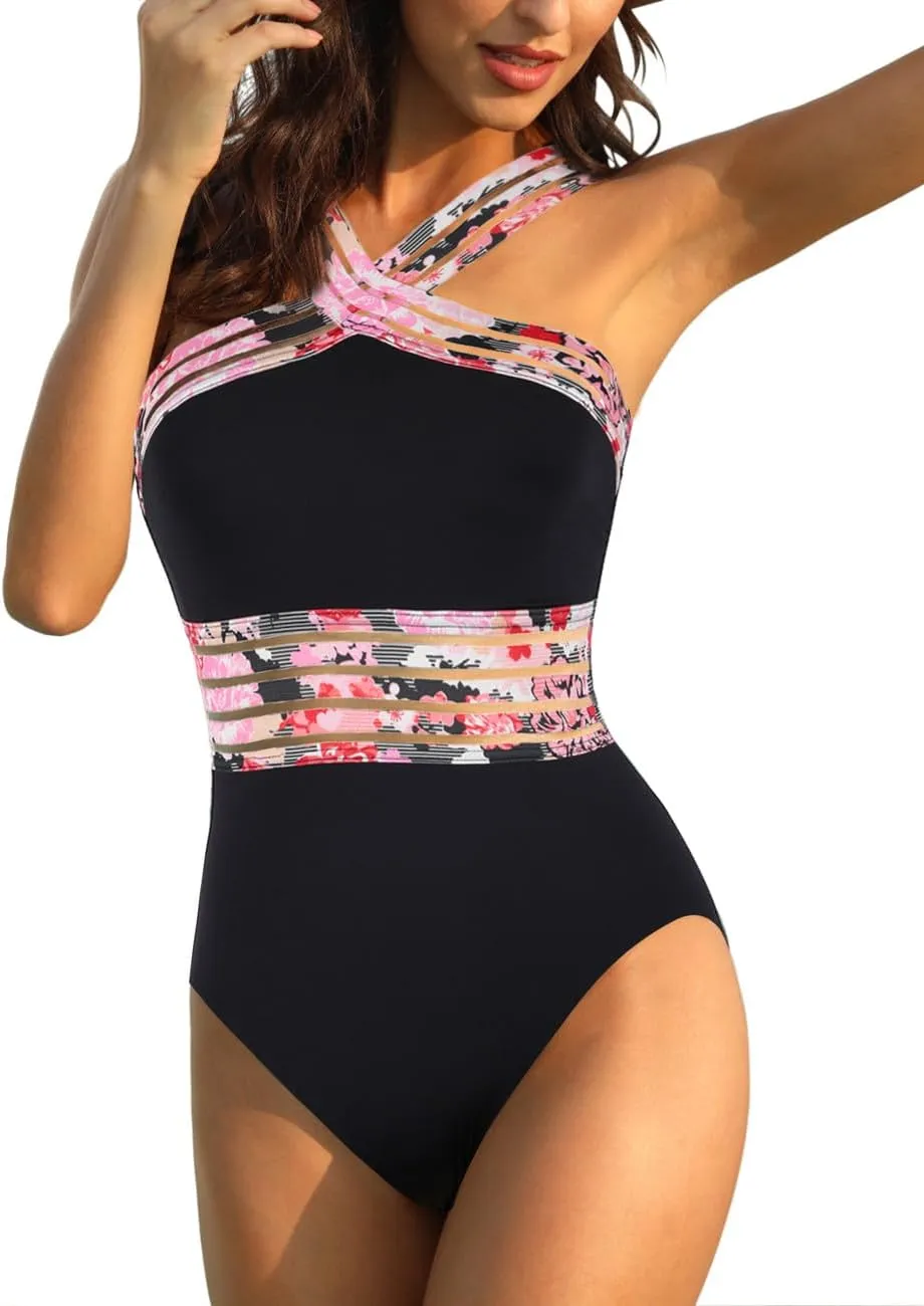 Hilor Women's One Piece Swimsuits Slimming High Waisted Bathing Suits Front Crossover Swimwear Monokinis