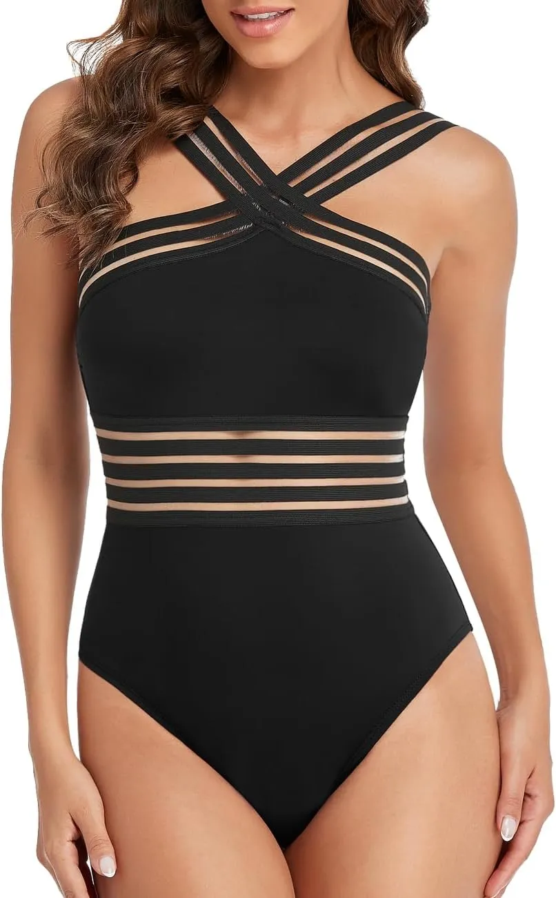 Hilor Women's One Piece Swimsuits Slimming High Waisted Bathing Suits Front Crossover Swimwear Monokinis