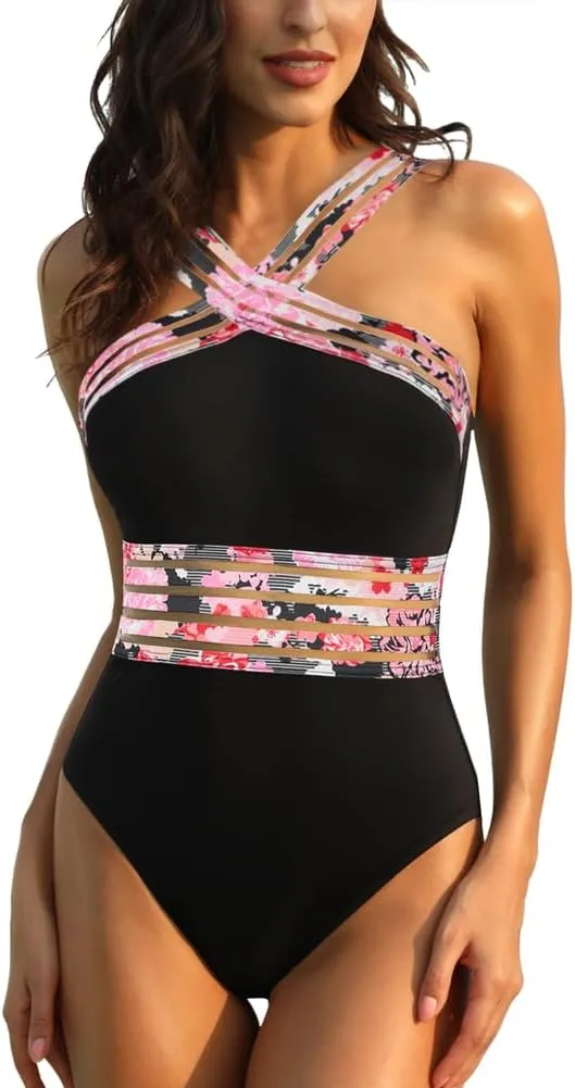 Hilor Women's One Piece Swimsuits Slimming High Waisted Bathing Suits Front Crossover Swimwear Monokinis