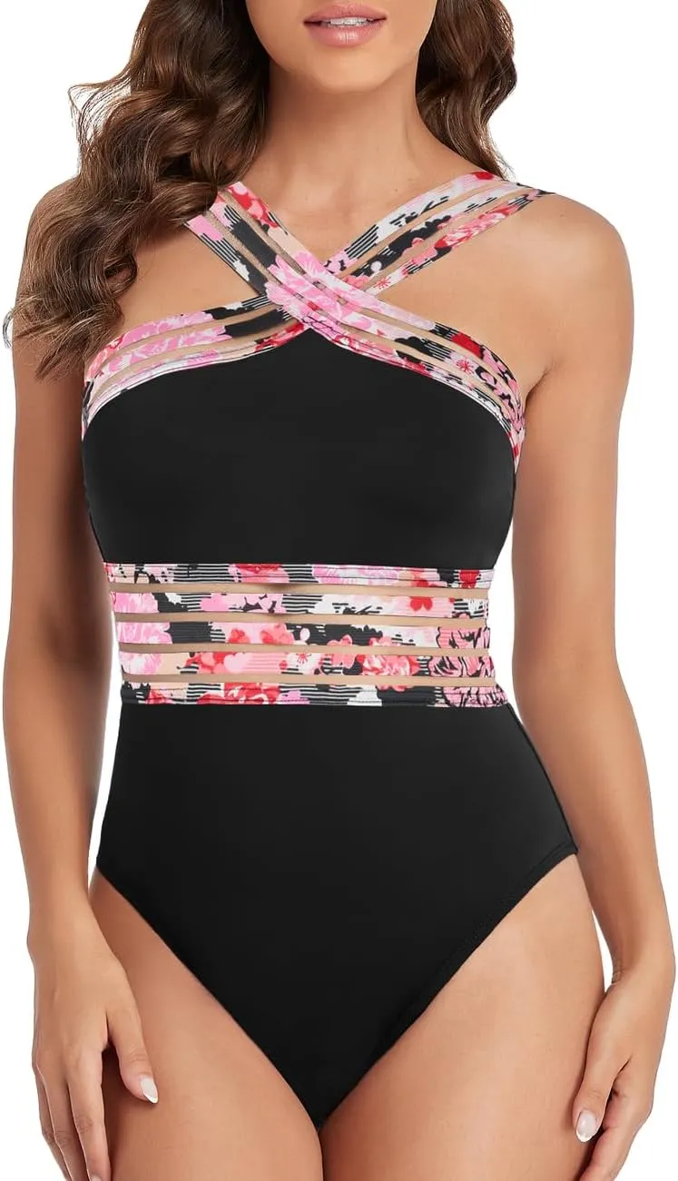 Hilor Women's One Piece Swimsuits Slimming High Waisted Bathing Suits Front Crossover Swimwear Monokinis