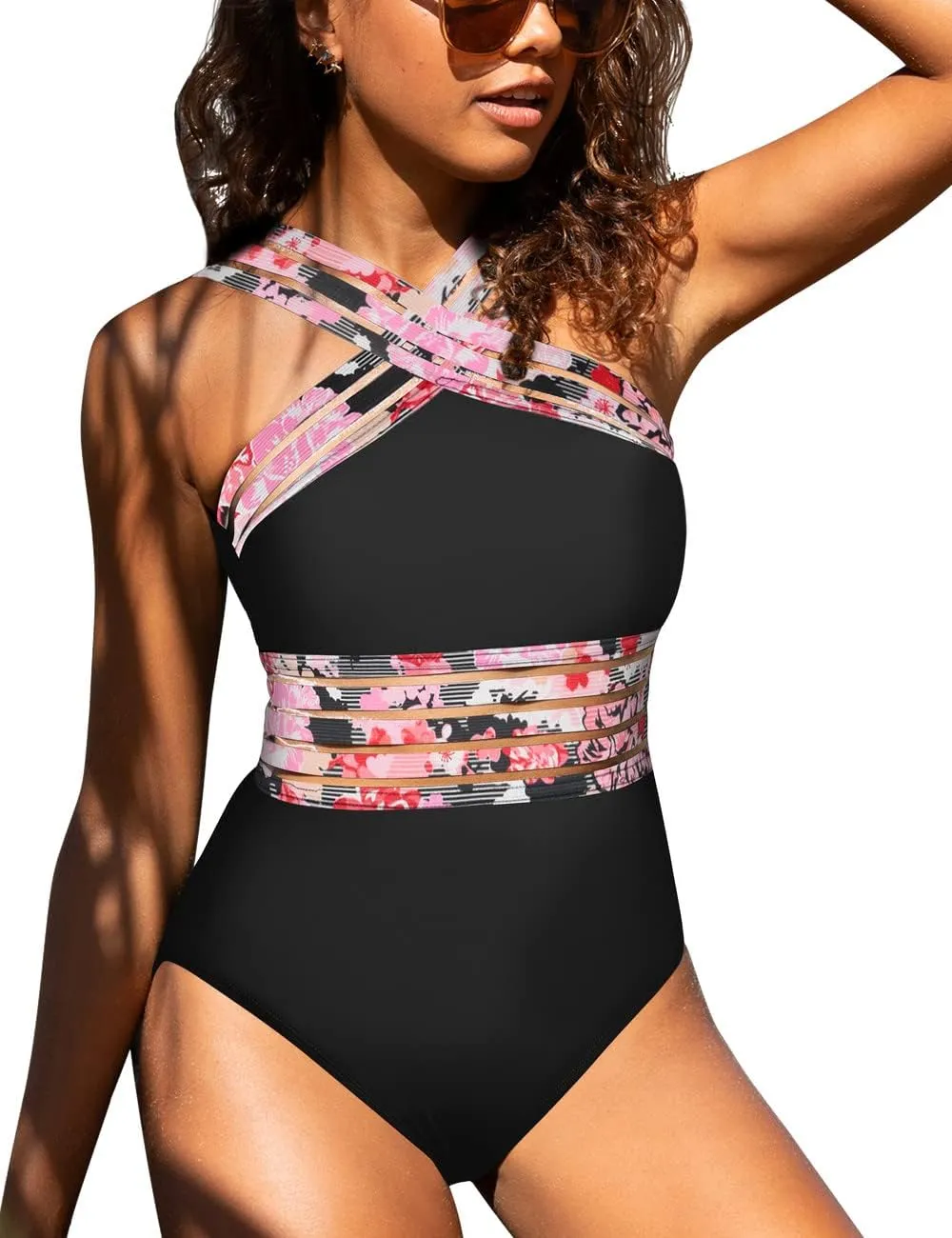 Hilor Women's One Piece Swimsuits Slimming High Waisted Bathing Suits Front Crossover Swimwear Monokinis