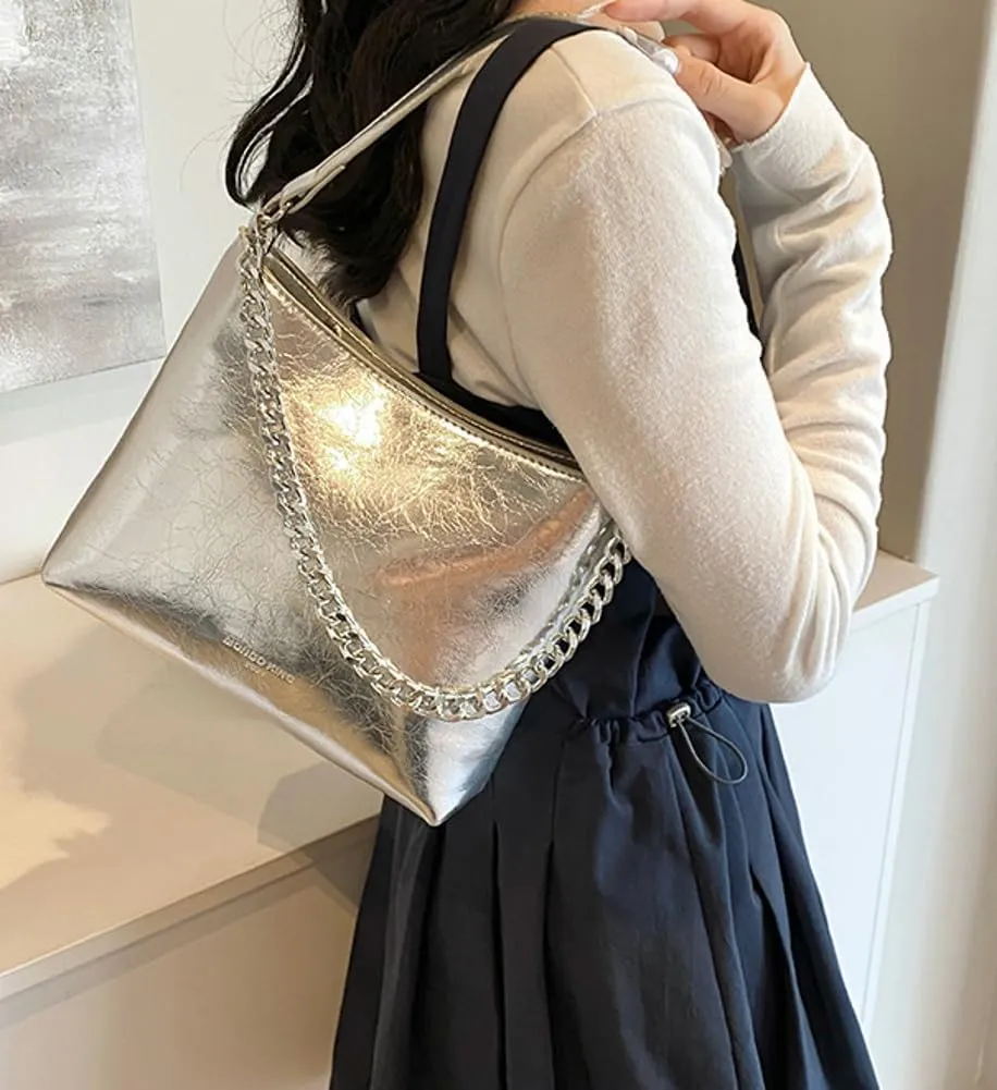 Hobo Bags for Women Shiny Faux Leather Tote Bag Purse Slouchy Shoulder Bag Trendy Satchel handbag