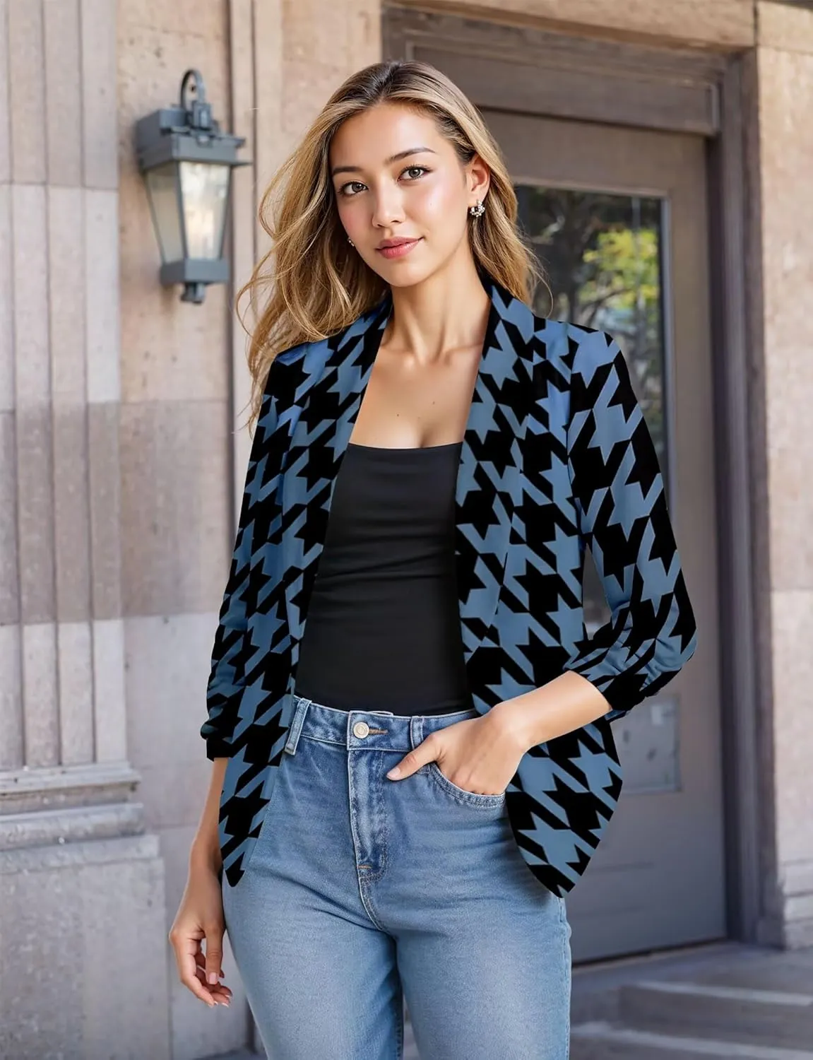 Hybrid & Company Women's Casual Work Office Blazer Jacket Open Front Shawl with 3/4 Scrunch Sleeves