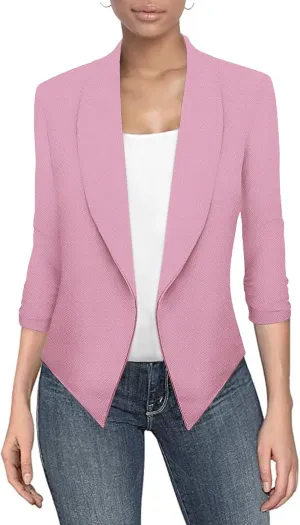 Hybrid & Company Women's Casual Work Office Blazer Jacket Open Front Shawl with 3/4 Scrunch Sleeves