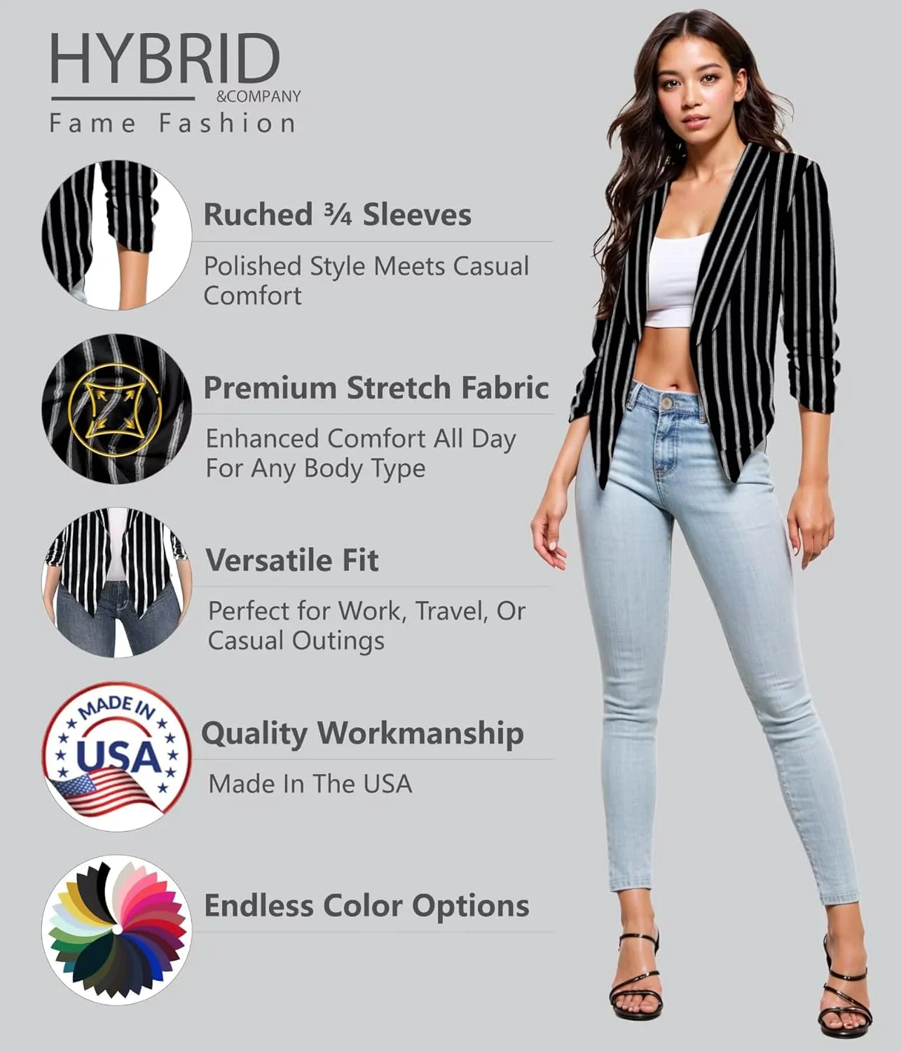 Hybrid & Company Women's Casual Work Office Blazer Jacket Open Front Shawl with 3/4 Scrunch Sleeves