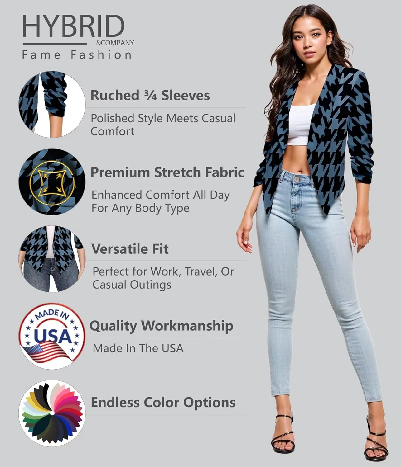 Hybrid & Company Women's Casual Work Office Blazer Jacket Open Front Shawl with 3/4 Scrunch Sleeves