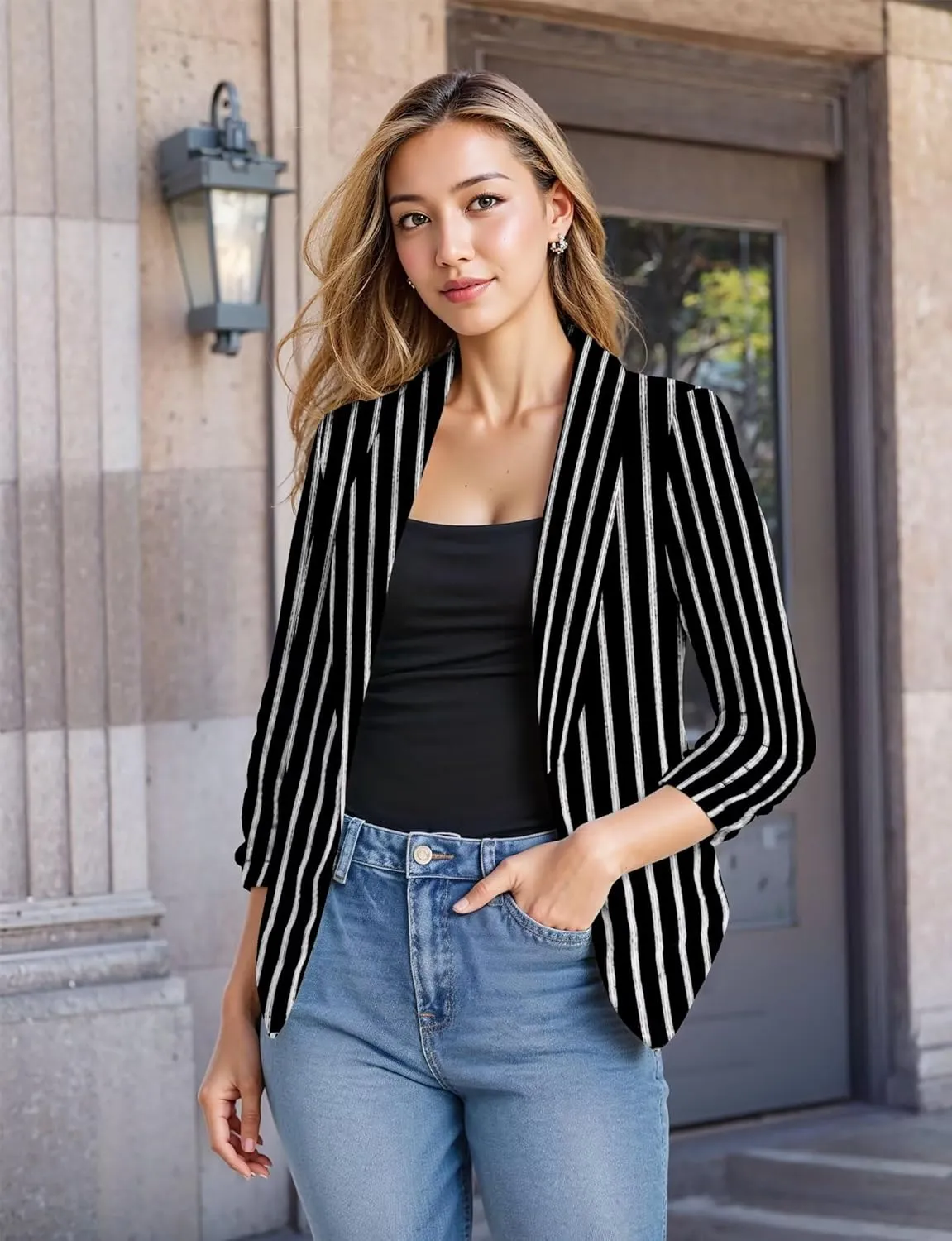 Hybrid & Company Women's Casual Work Office Blazer Jacket Open Front Shawl with 3/4 Scrunch Sleeves