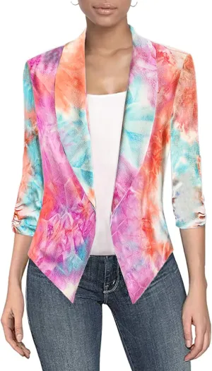 Hybrid & Company Women's Casual Work Office Blazer Jacket Open Front Shawl with 3/4 Scrunch Sleeves