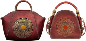 Italian Retro Leather Handbags Vintage Embossing Totem Satchel   Handmade Mandala Totem Purse