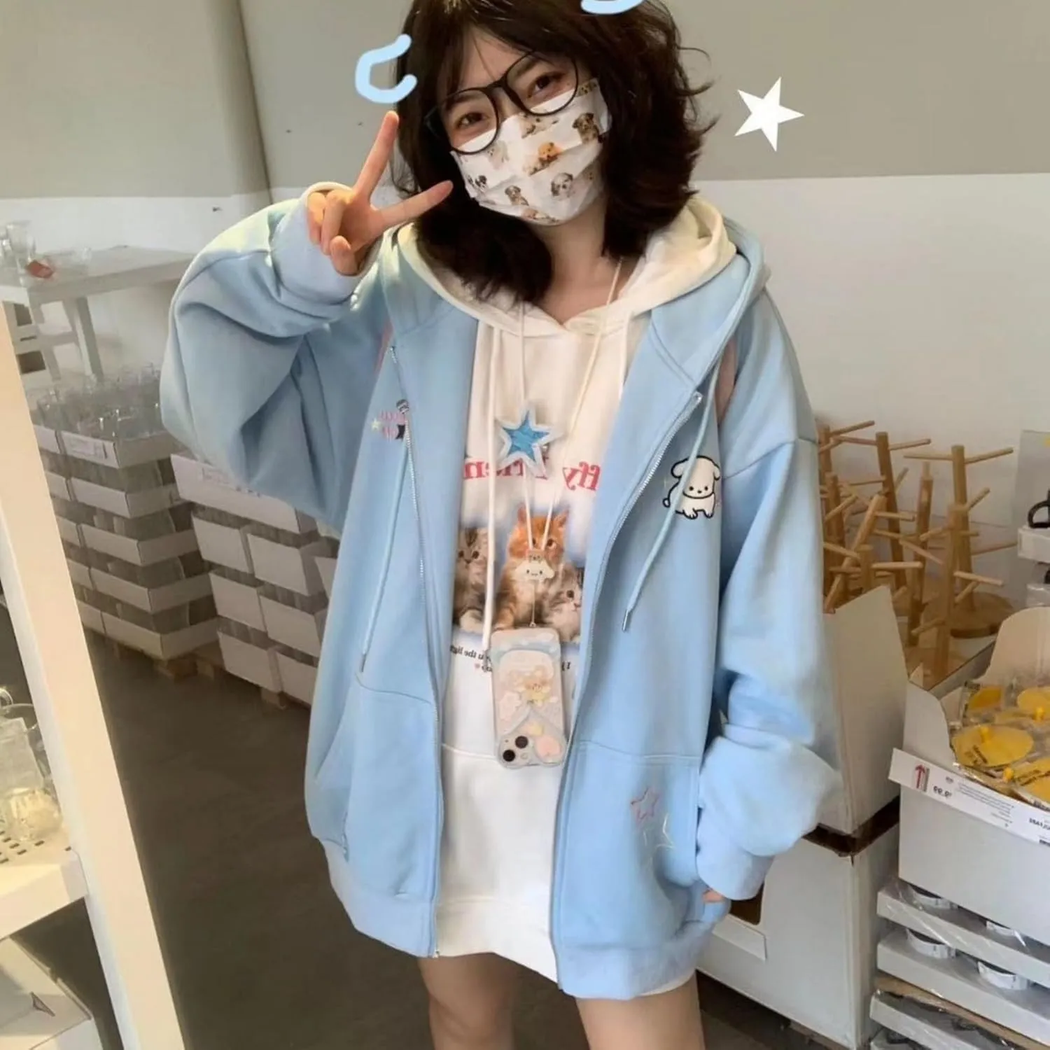 Kawaii Clothes Cute Y2k Hoodie Zip Up Jacket for Teen Girls Oversized