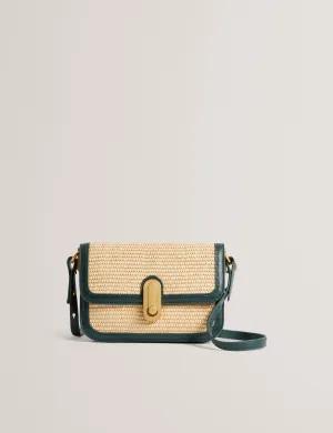 Kkassie Twist Lock Detail Small Raffia Crossbody Bag Mid-Green