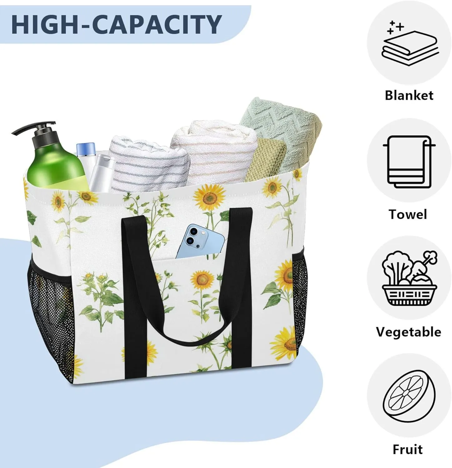 KLL Beach Tote Bag with Handles Collapsable With Pockets Reusable Shopping Bag