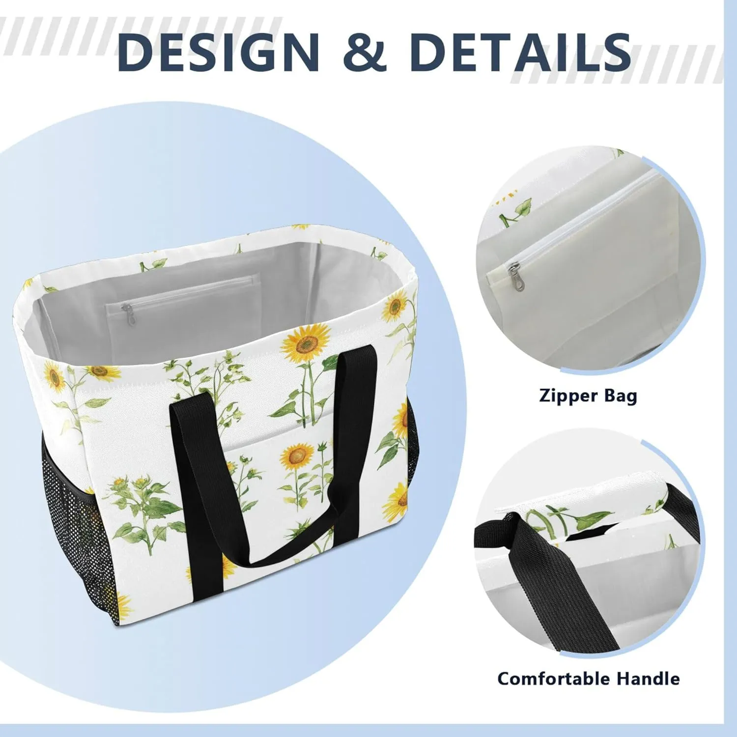 KLL Beach Tote Bag with Handles Collapsable With Pockets Reusable Shopping Bag