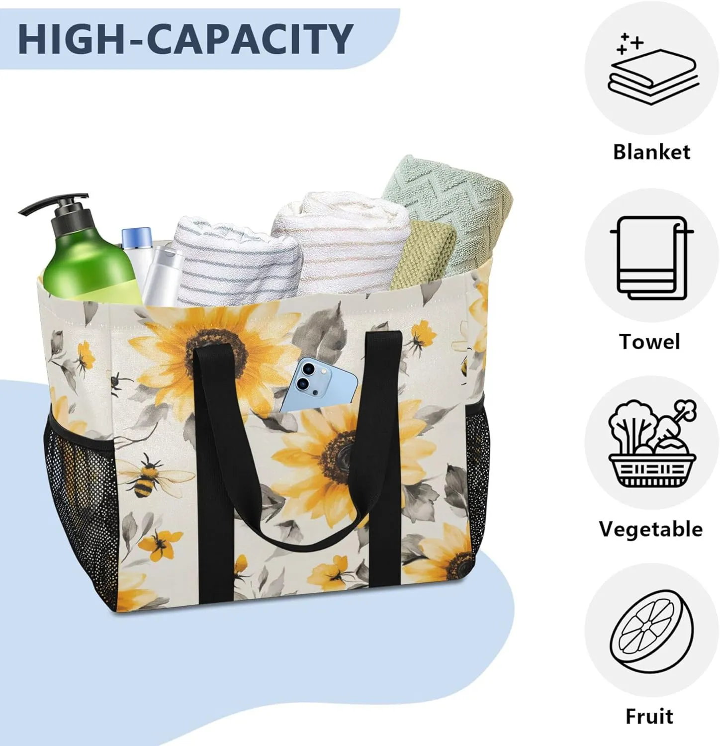 KLL Beach Tote Bag with Handles Collapsable With Pockets Reusable Shopping Bag