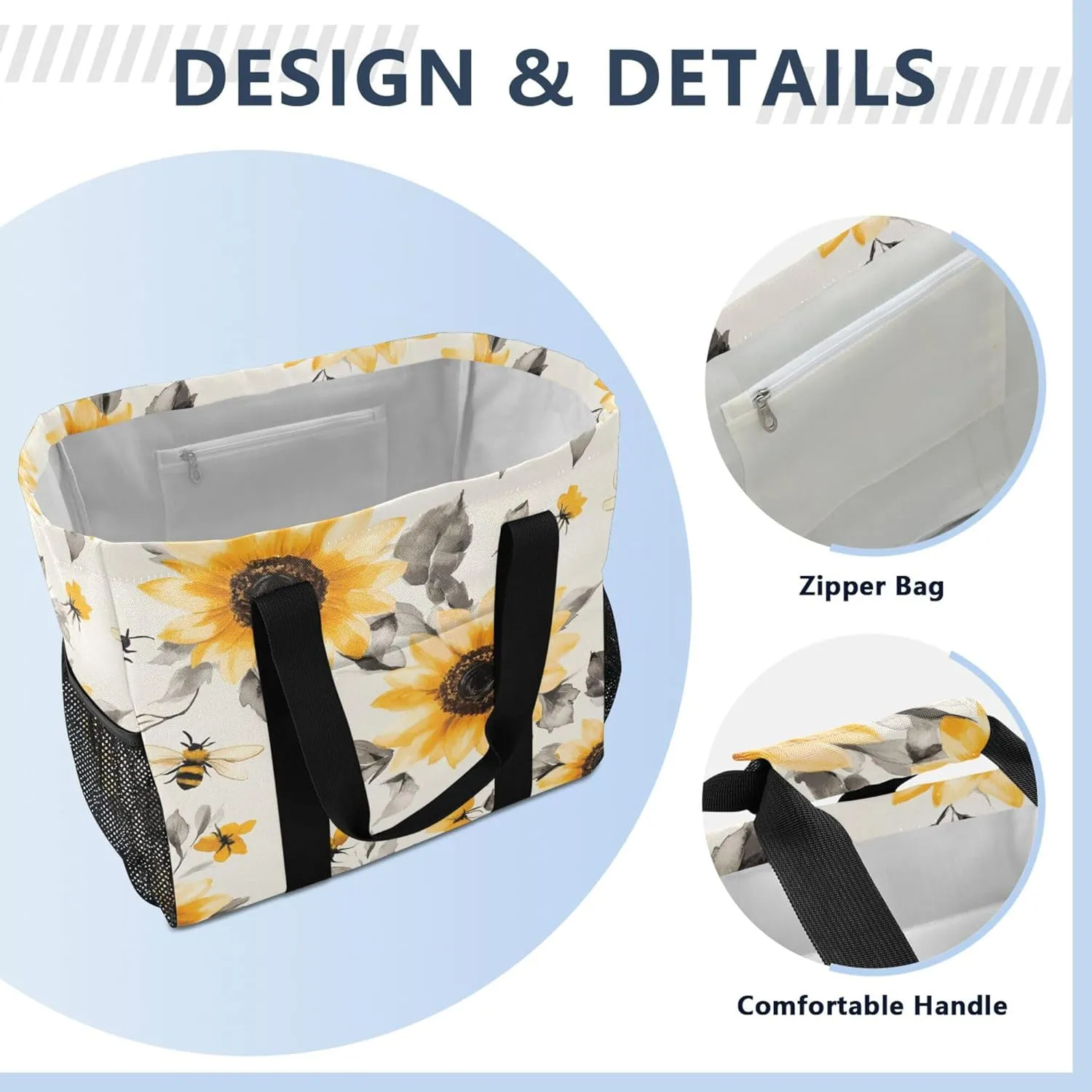 KLL Beach Tote Bag with Handles Collapsable With Pockets Reusable Shopping Bag