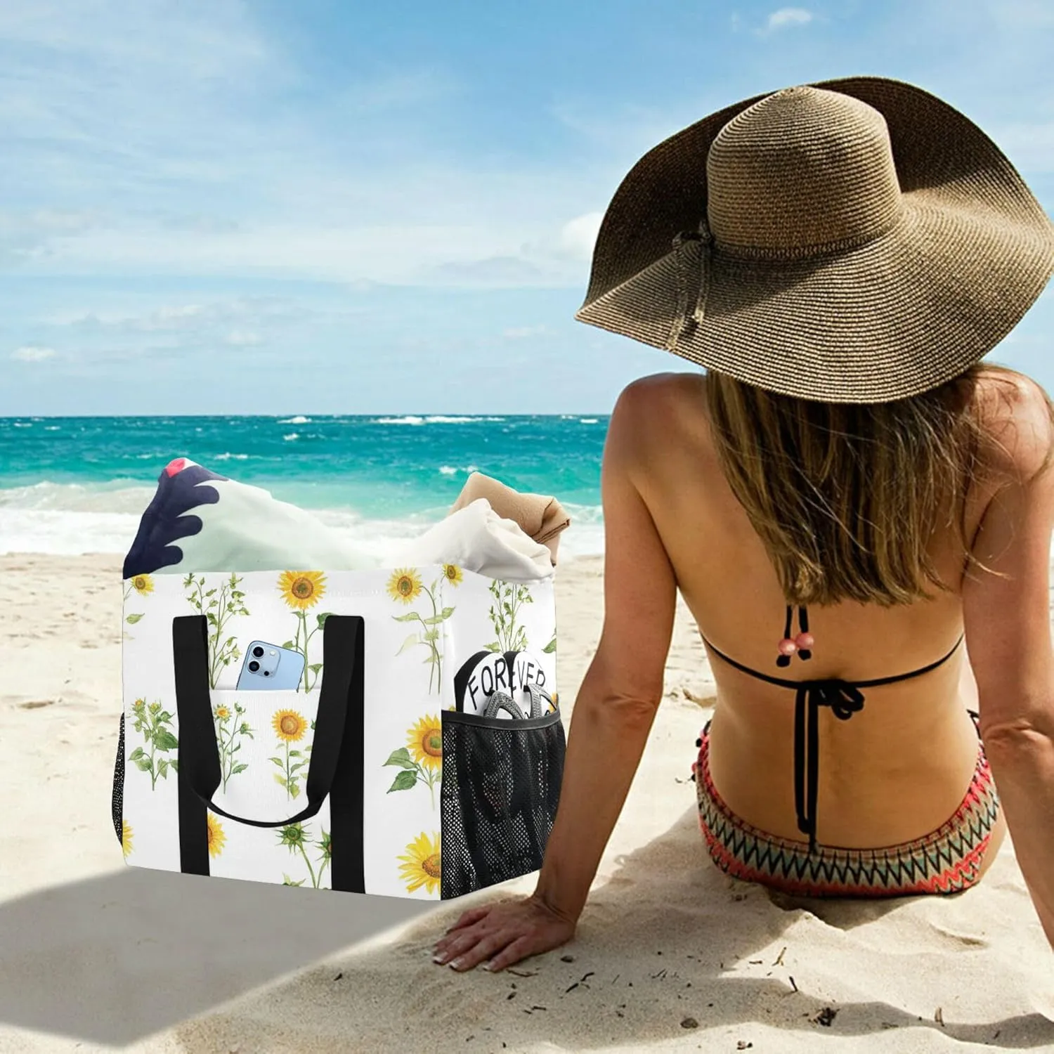 KLL Beach Tote Bag with Handles Collapsable With Pockets Reusable Shopping Bag