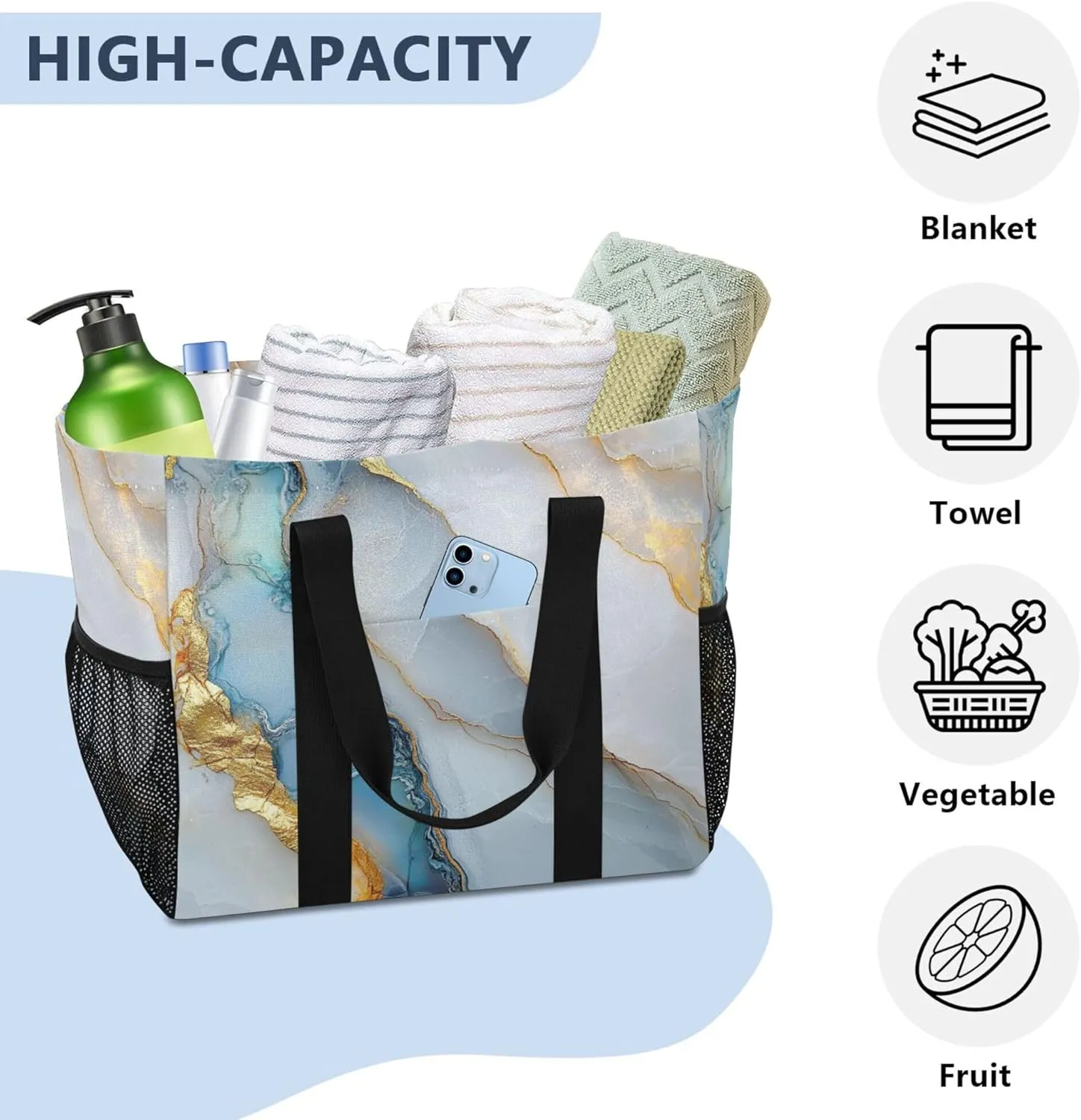 KLL Utility Beach Tote Canvas Collapsable Waterproof Resuable Grocery Bags