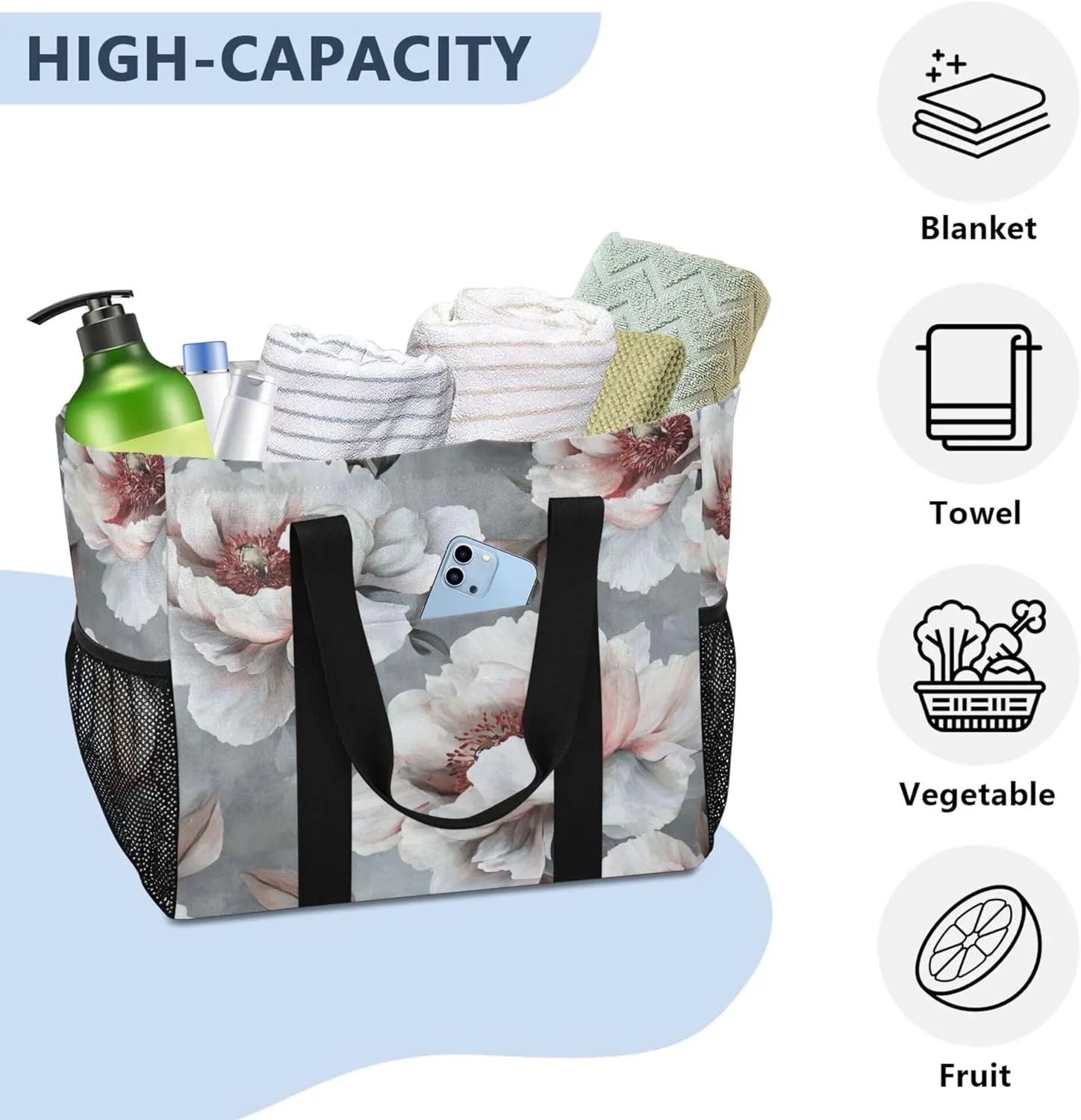 KLL Utility Tote Bag For Women with Handles Collapsable Sandproof Reuseable Shopping Bags