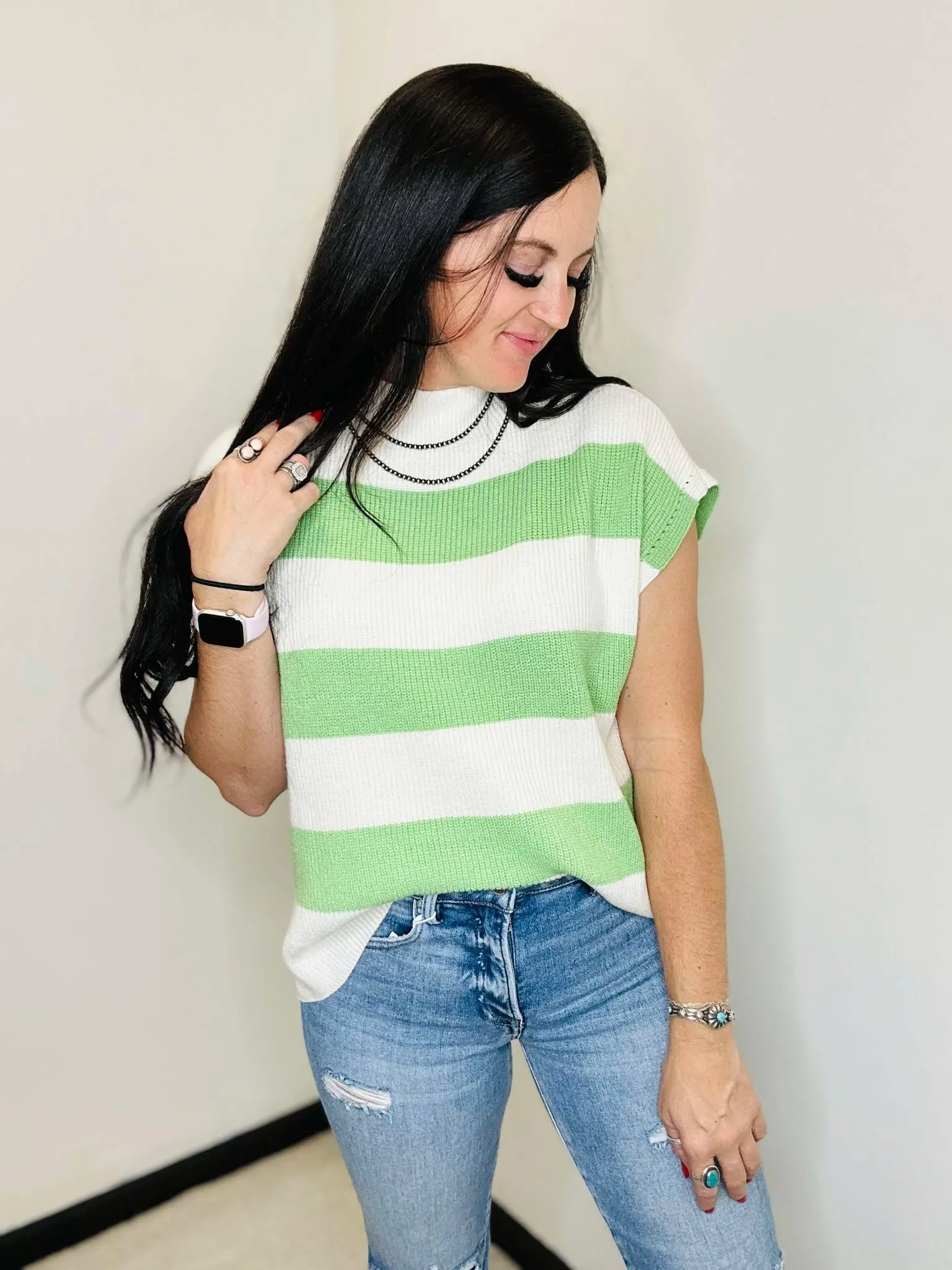 Lainey Green Stripe Short Sleeve Sweater
