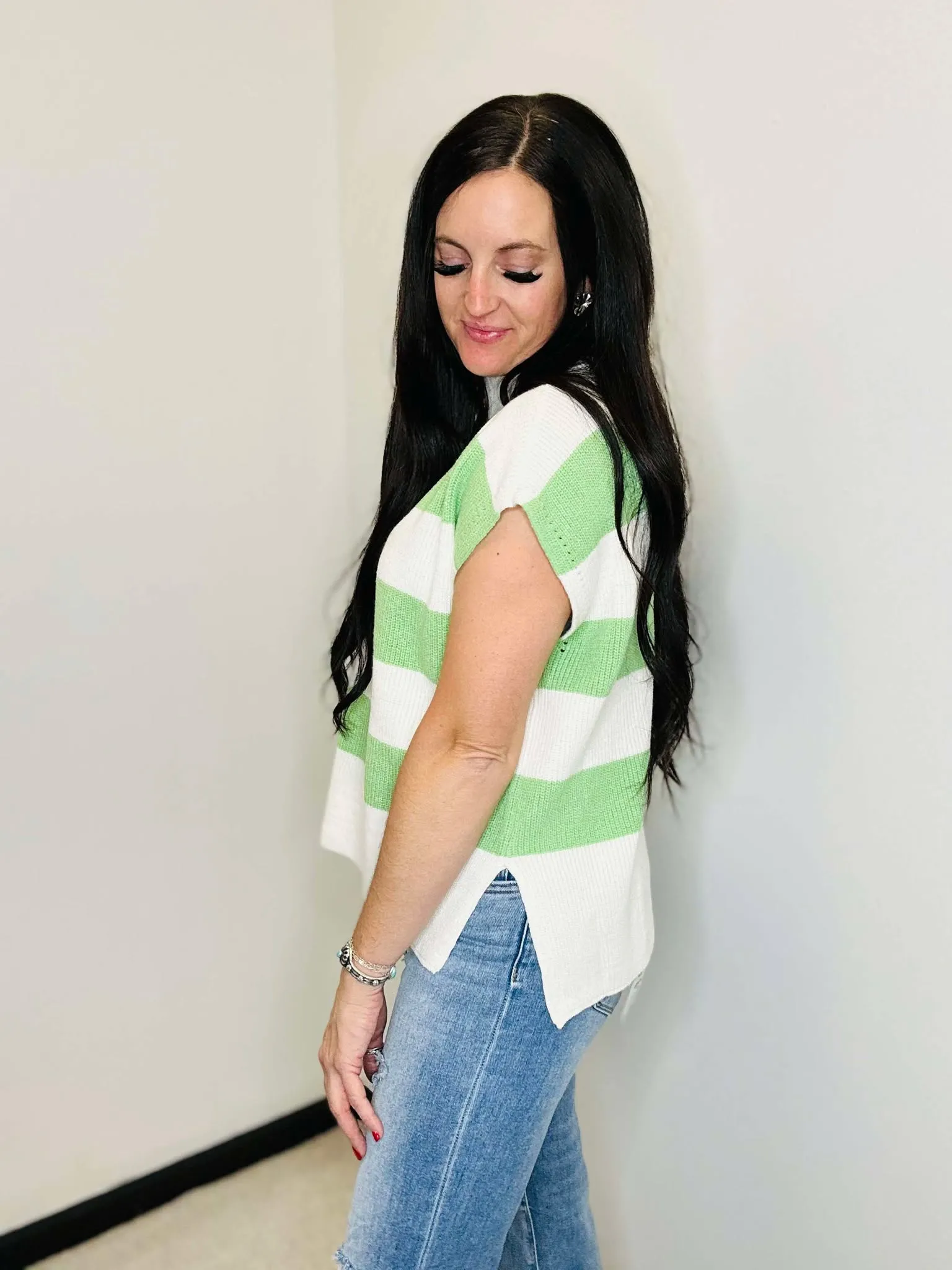Lainey Green Stripe Short Sleeve Sweater