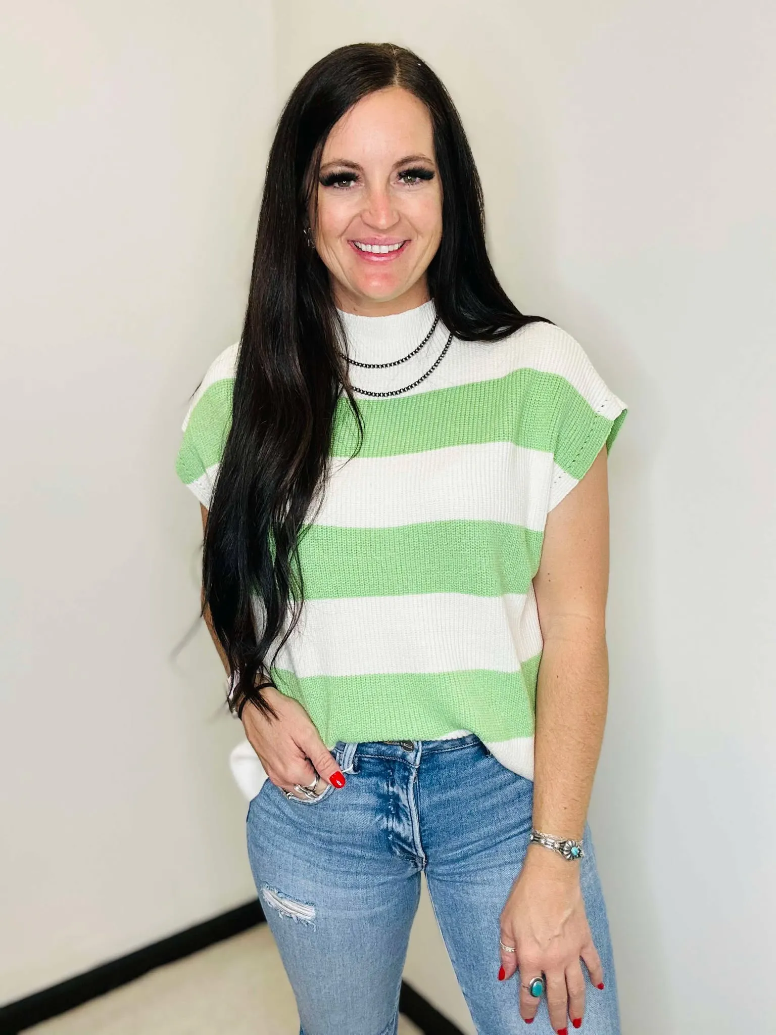 Lainey Green Stripe Short Sleeve Sweater