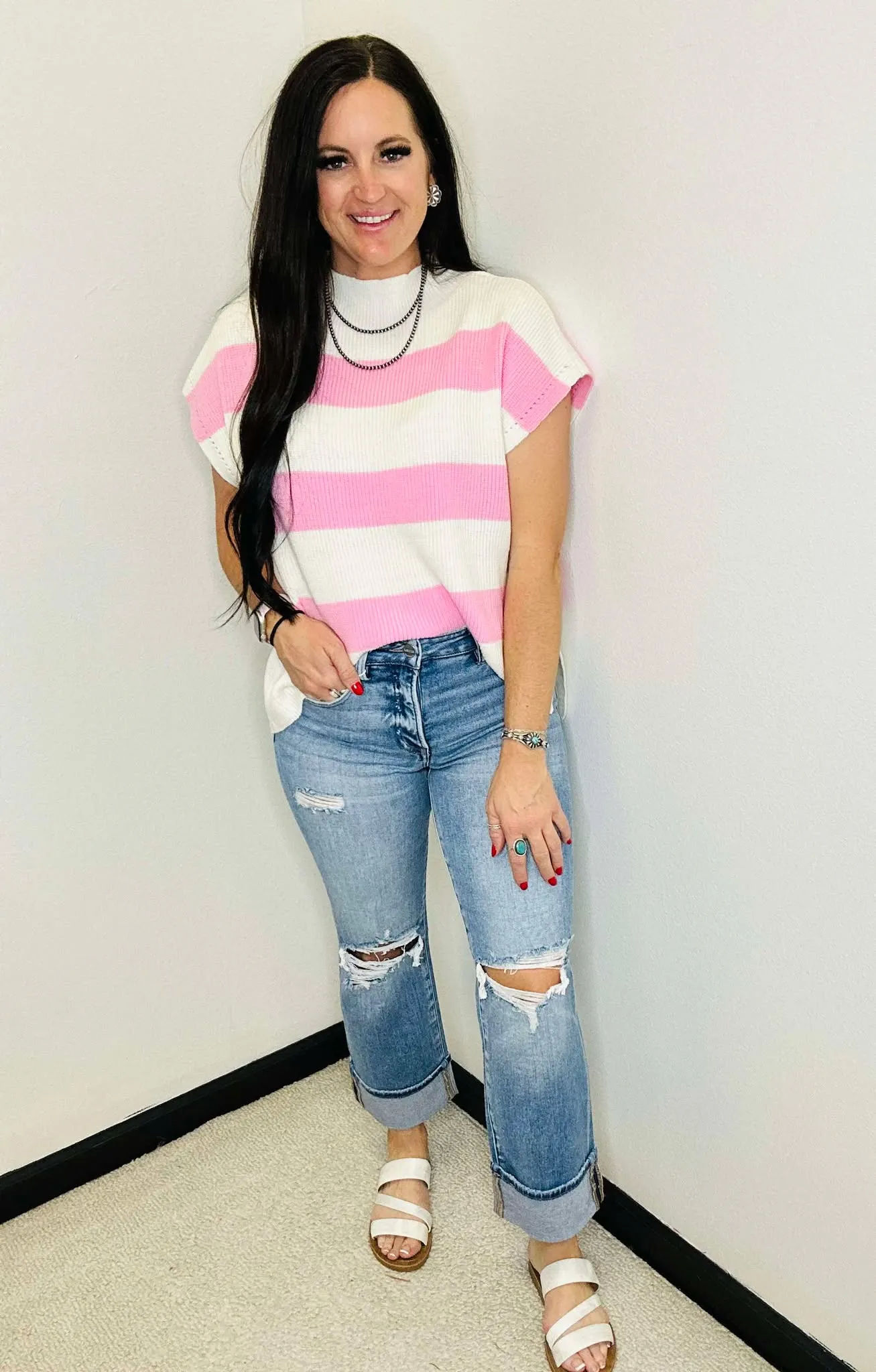 Lainey Pink Stripe Short Sleeve Sweater