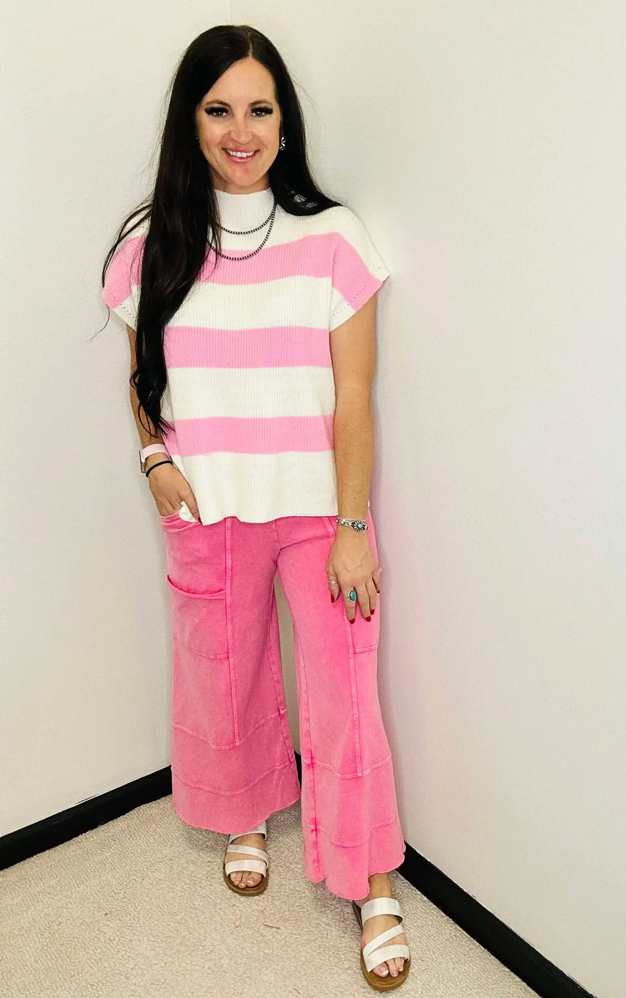 Lainey Pink Stripe Short Sleeve Sweater