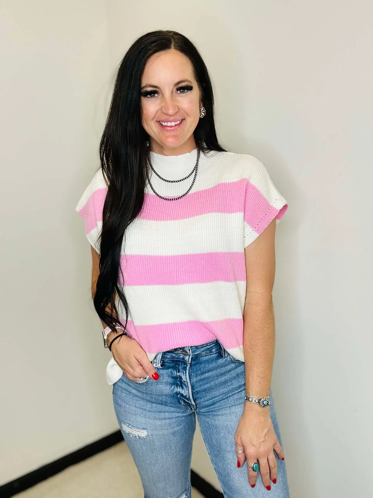 Lainey Pink Stripe Short Sleeve Sweater