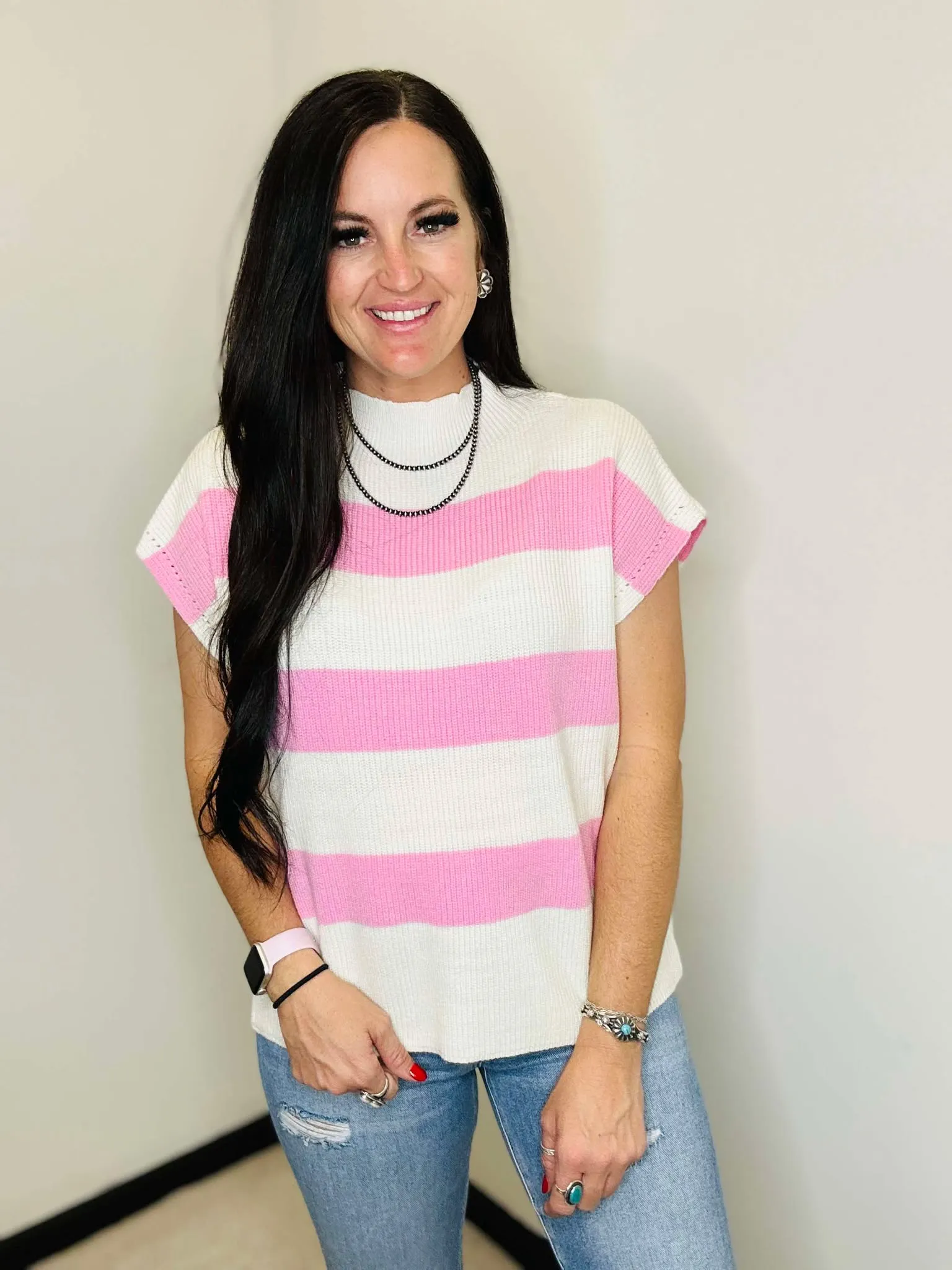Lainey Pink Stripe Short Sleeve Sweater