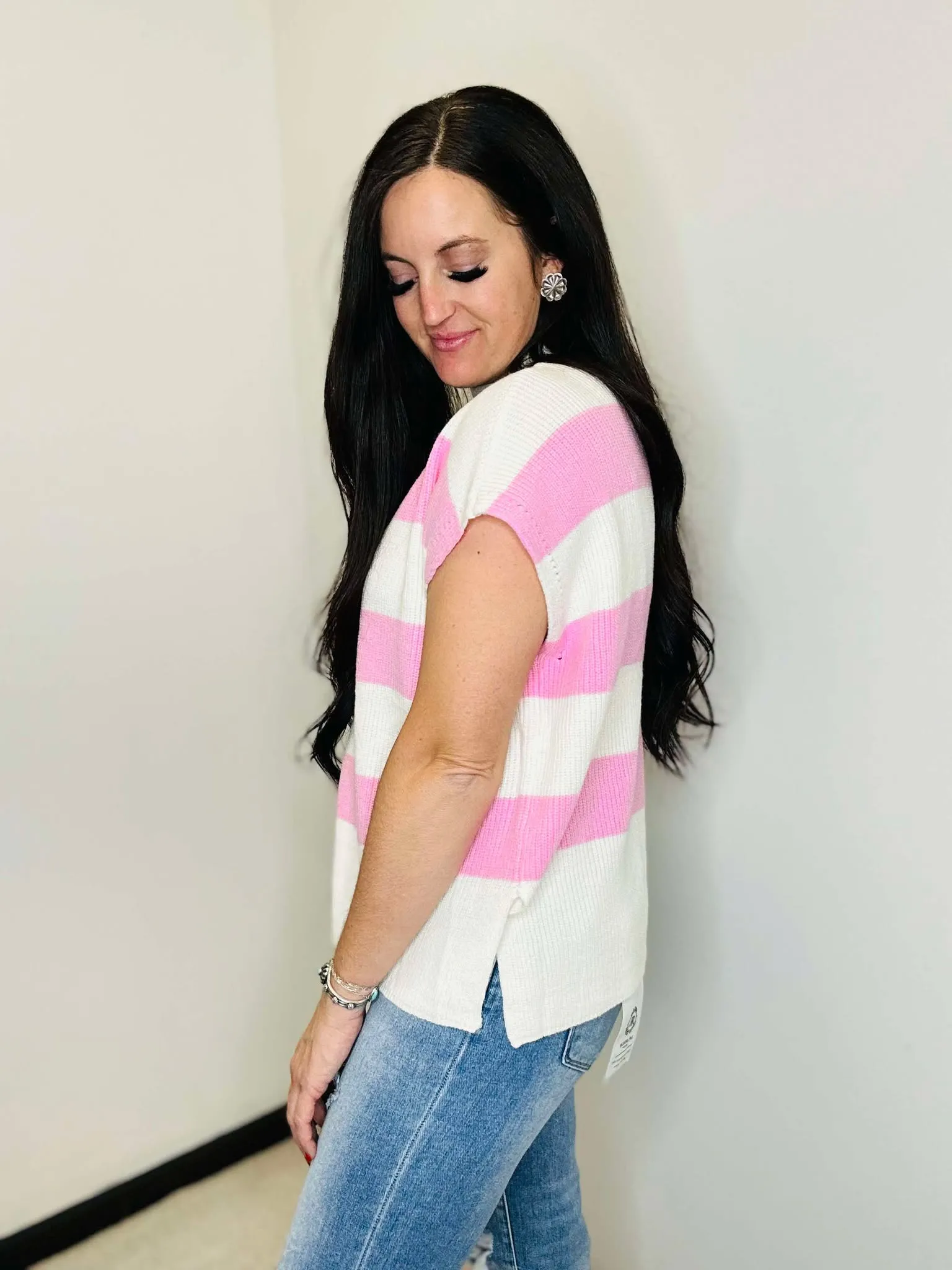Lainey Pink Stripe Short Sleeve Sweater