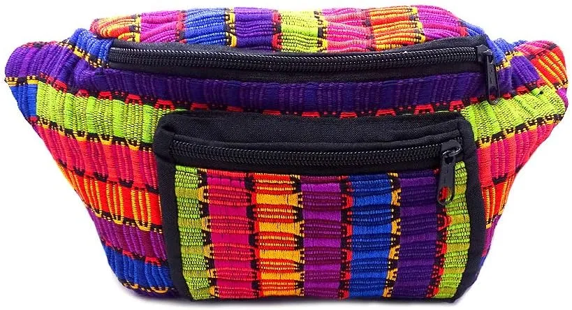 Large Thick Multicolored Woven Cotton Striped Pattern Fanny Pack Waist Bag - Handmade Adjustable Belt Pouch Boho Accessories (Multicolored)