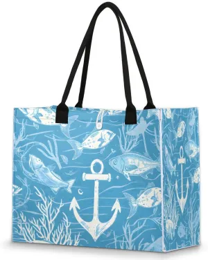 Large Travel Utility Tote Bag for Women Reusable Shopping Bags with Handles Aesthetic Bolsos Para Mujeres Cute Canvas Bag for Beach School Work Grocery Anchor Ocean Fish Print