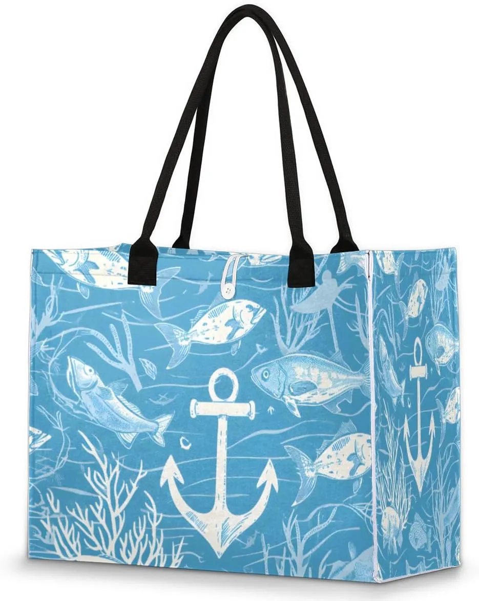 Large Travel Utility Tote Bag for Women Reusable Shopping Bags with Handles Aesthetic Bolsos Para Mujeres Cute Canvas Bag for Beach School Work Grocery Anchor Ocean Fish Print