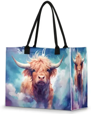 Large Travel Utility Tote Bag for Women Reusable Shopping Bags with Handles Aesthetic Bolsos Para Mujeres Cute Canvas Bag for Beach School Work Grocery Cattle Starry Sky Watercolor