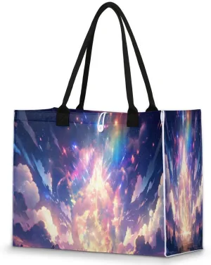 Large Travel Utility Tote Bag for Women Reusable Shopping Bags with Handles Aesthetic Bolsos Para Mujeres Cute Canvas Bag for Beach School Work Grocery Galaxy Colorful Starry Sky Print