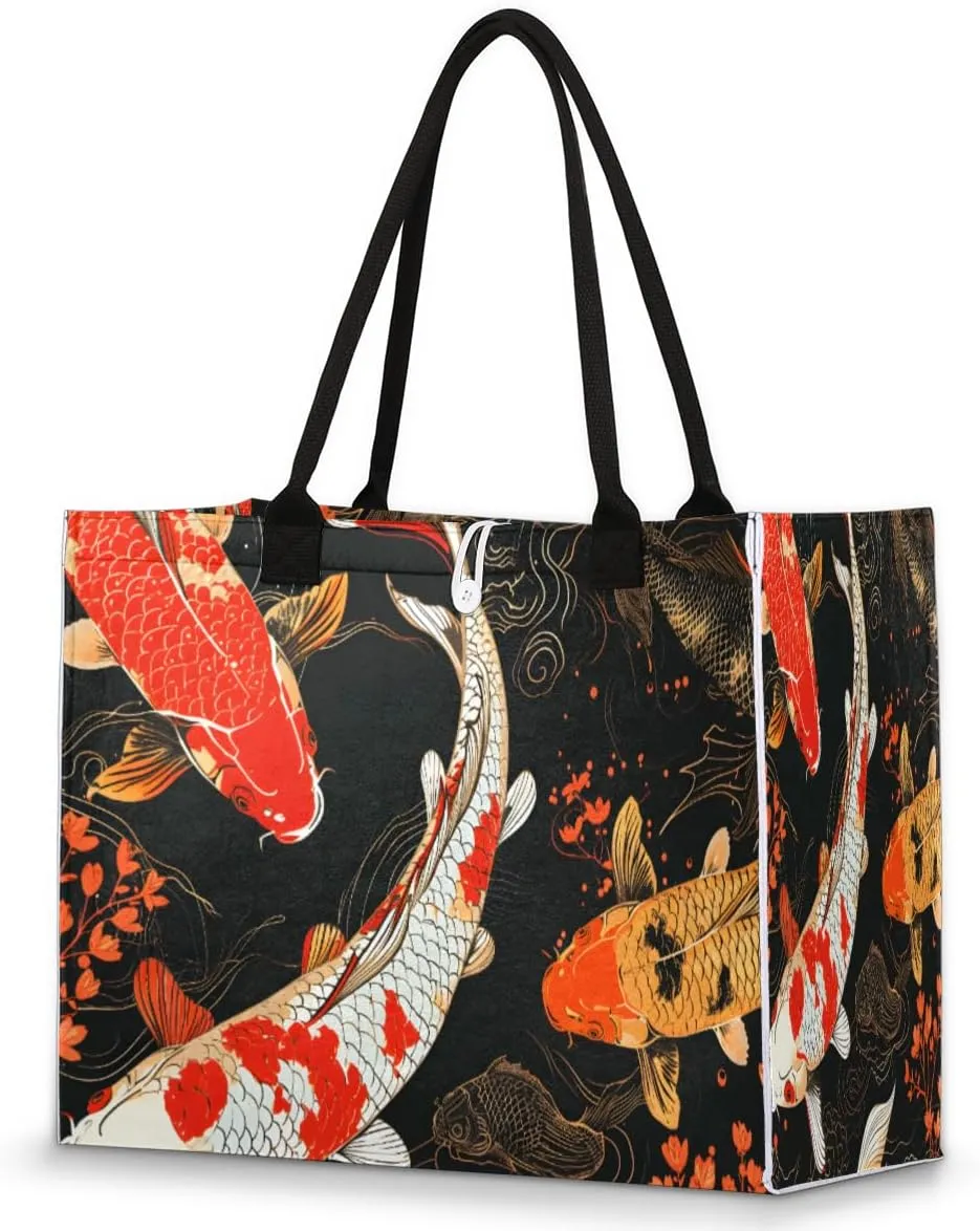 Large Travel Utility Tote Bag for Women Reusable Shopping Bags with Handles Aesthetic Bolsos Para Mujeres Cute Canvas Bag for Beach School Work Grocery Japanese Koi Carp