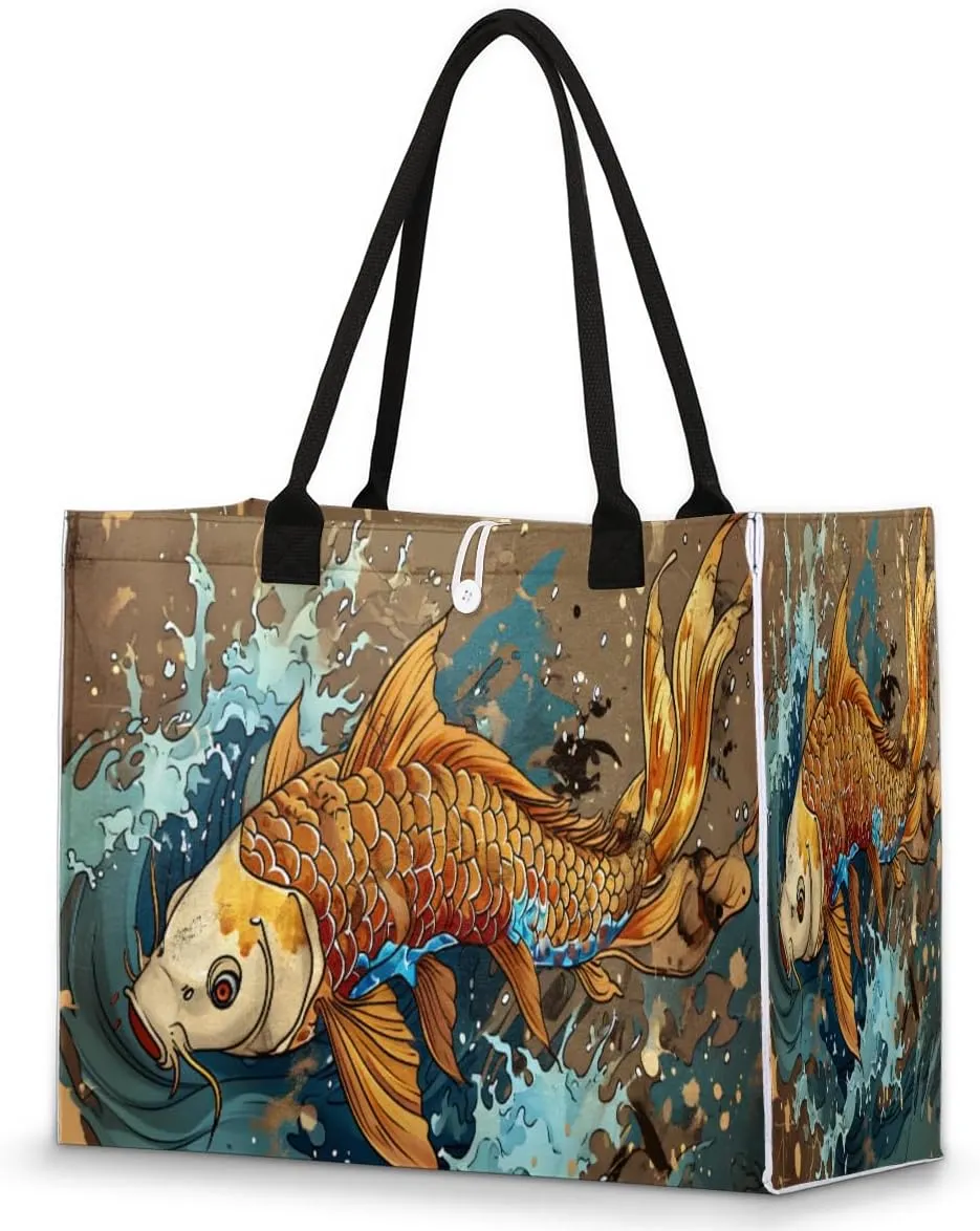 Large Travel Utility Tote Bag for Women Reusable Shopping Bags with Handles Aesthetic Bolsos Para Mujeres Cute Canvas Bag for Beach School Work Grocery Retro Koi Carp Pattern