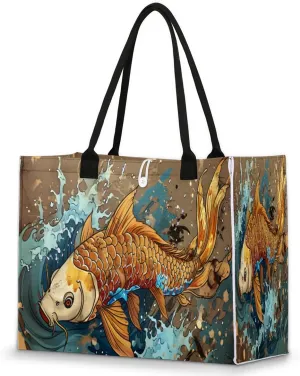 Large Travel Utility Tote Bag for Women Reusable Shopping Bags with Handles Aesthetic Bolsos Para Mujeres Cute Canvas Bag for Beach School Work Grocery Retro Koi Carp Pattern