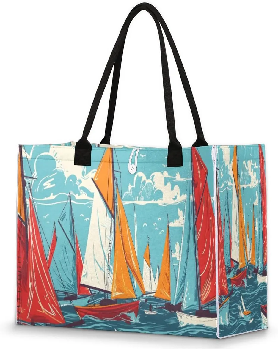 Large Travel Utility Tote Bag for Women Reusable Shopping Bags with Handles Aesthetic Bolsos Para Mujeres Cute Canvas Bag for Beach School Work Grocery Sailboat Ocean Summer Print
