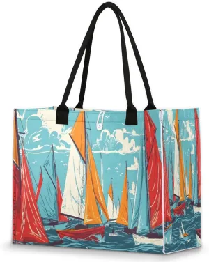 Large Travel Utility Tote Bag for Women Reusable Shopping Bags with Handles Aesthetic Bolsos Para Mujeres Cute Canvas Bag for Beach School Work Grocery Sailboat Ocean Summer Print